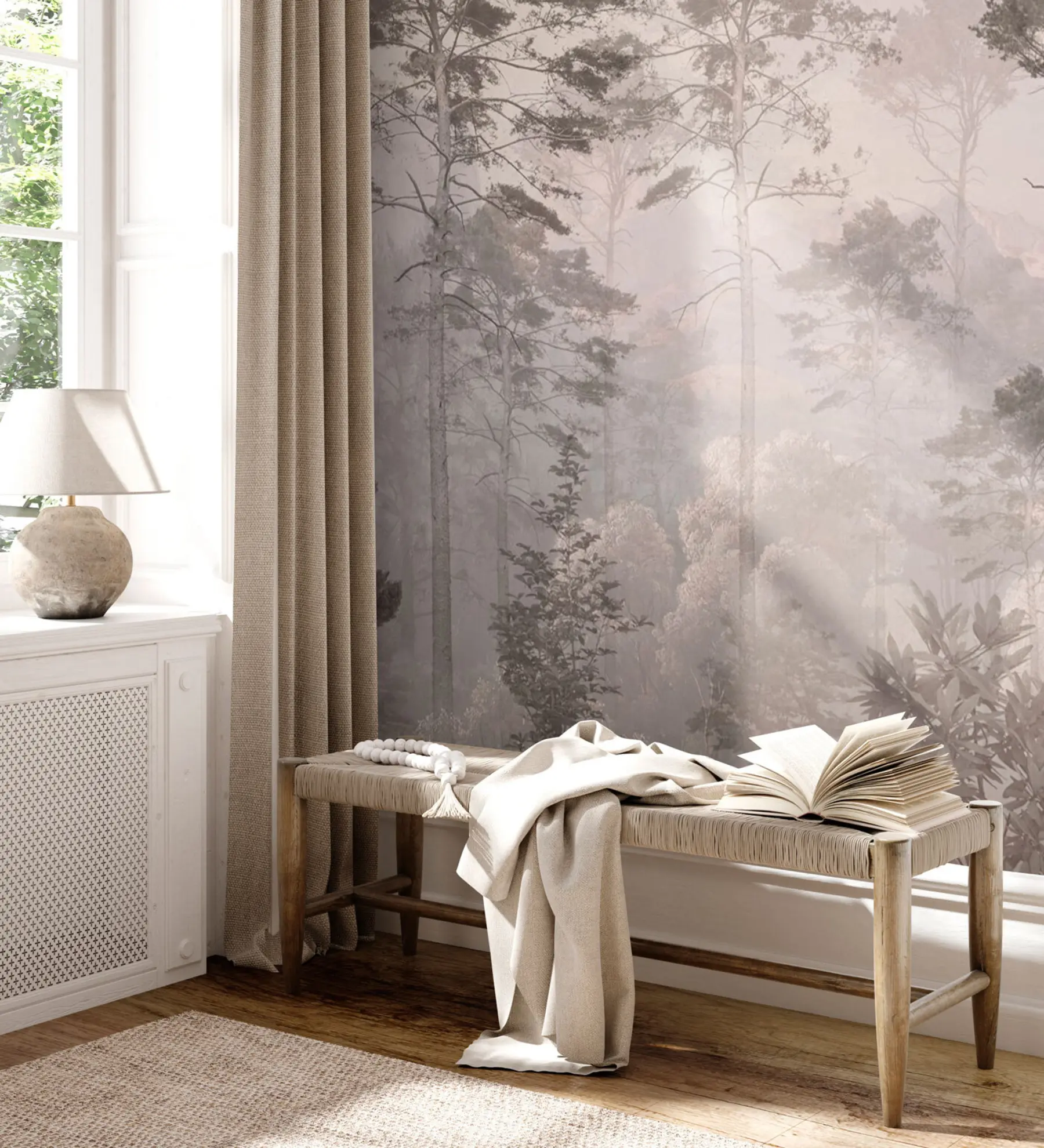 wall murals Висока стабла на брдима, шума у ​​магли u97190