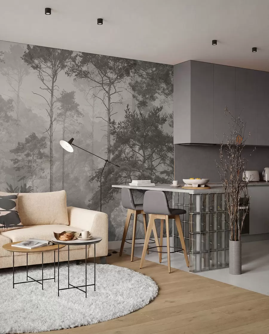 wall murals Висока стабла на брдима, шума у ​​магли u97190