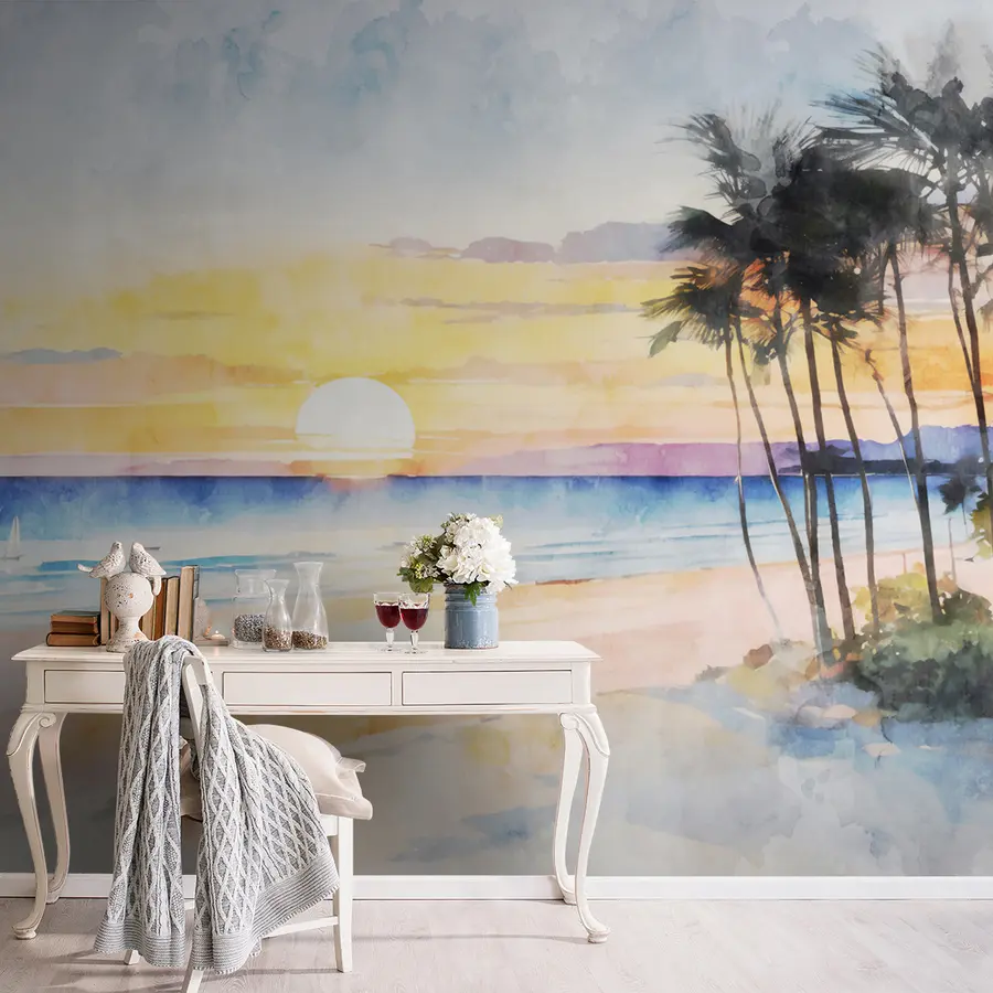 wall murals Акварел залазак сунца на плажи u97297