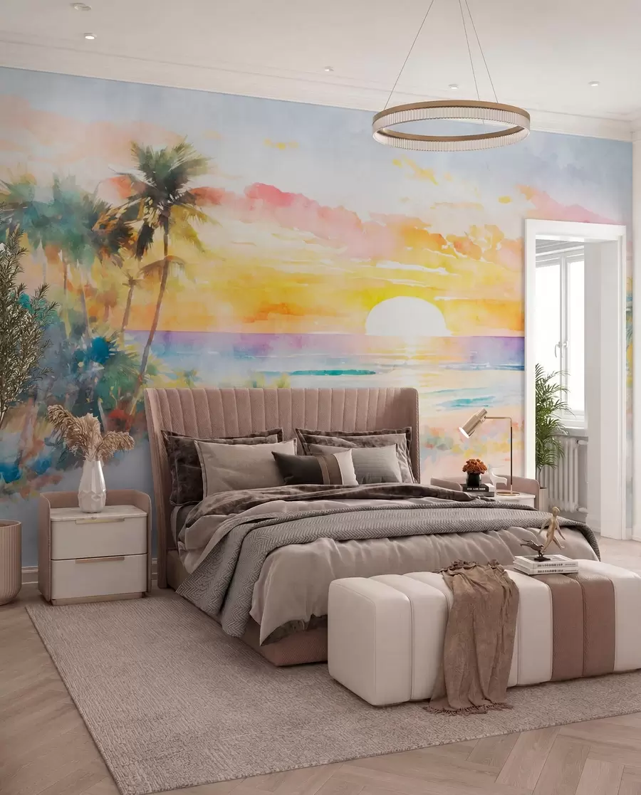 wall murals Палма и залазак сунца на плажи u97312