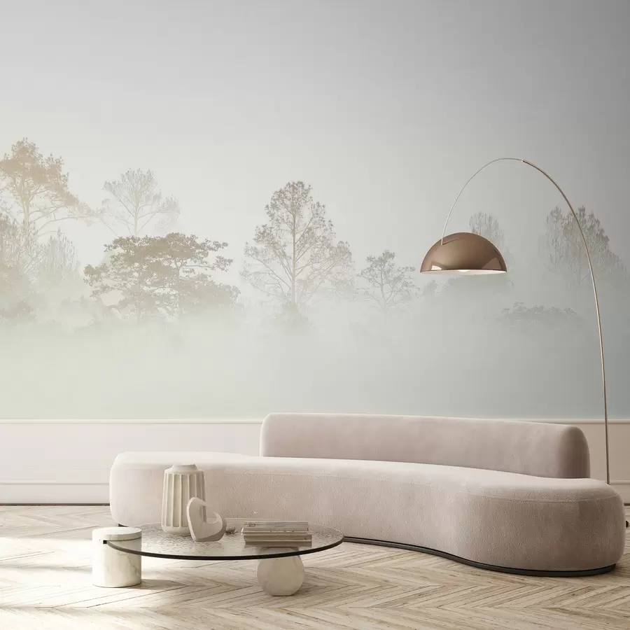 wall murals Силуета гаја дрвећа у густој белој јутарњој магли u97405