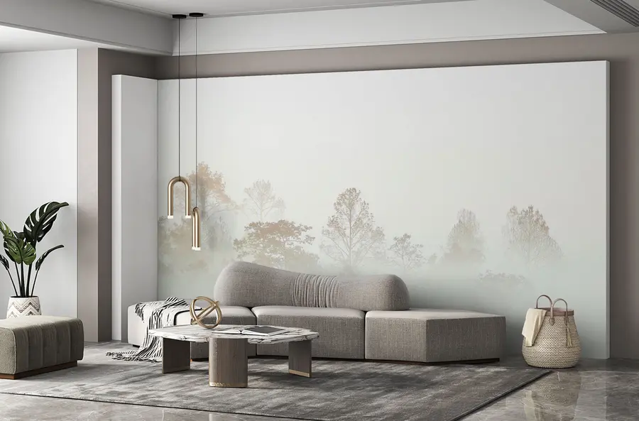 wall murals Силуета гаја дрвећа у густој белој јутарњој магли u97405