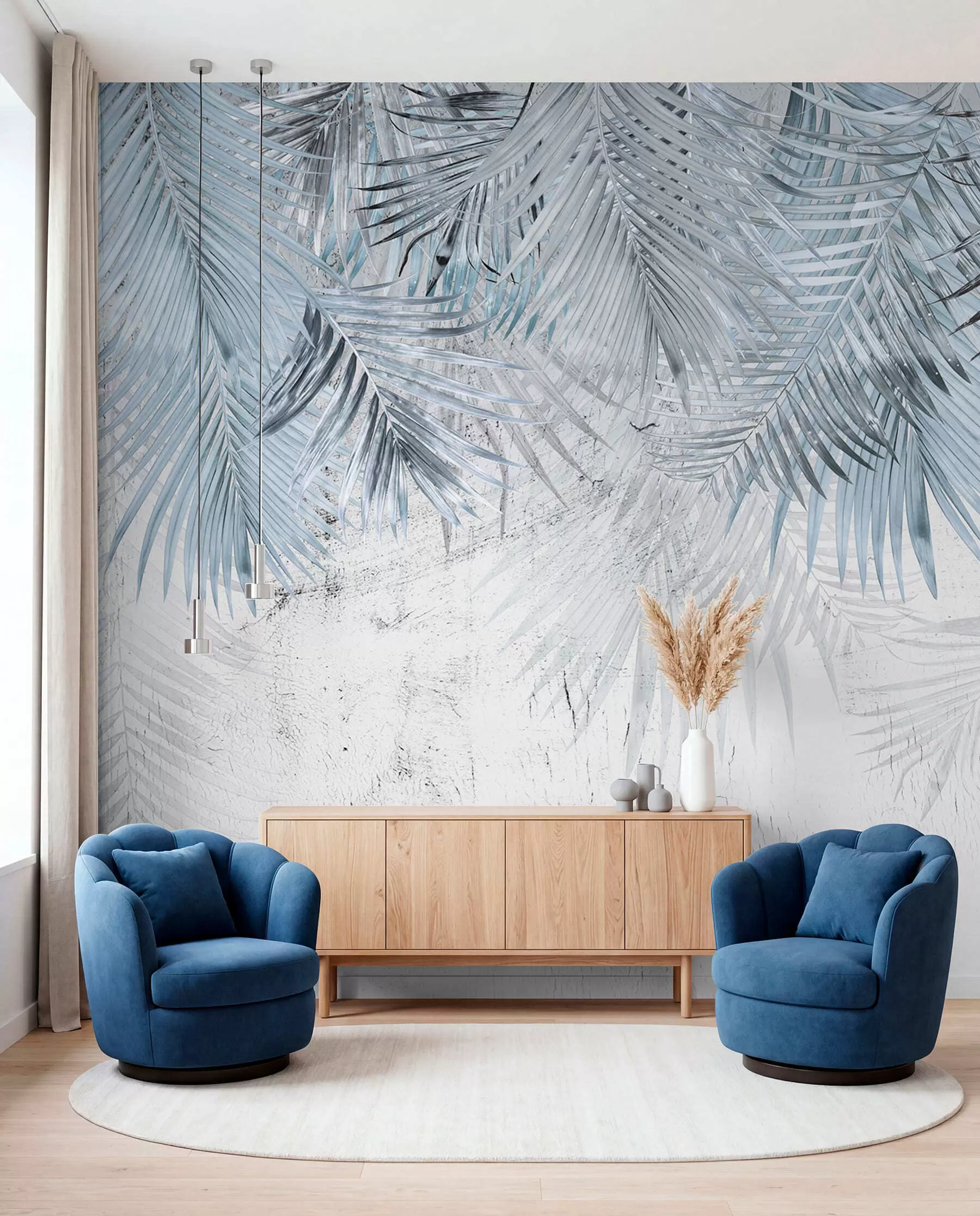 wall murals Плаво тропско лишће у грунге стилу u93843v3