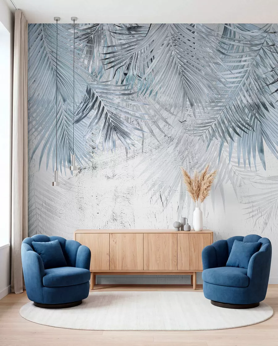 wall murals Плаво тропско лишће у грунге стилу u93843v3