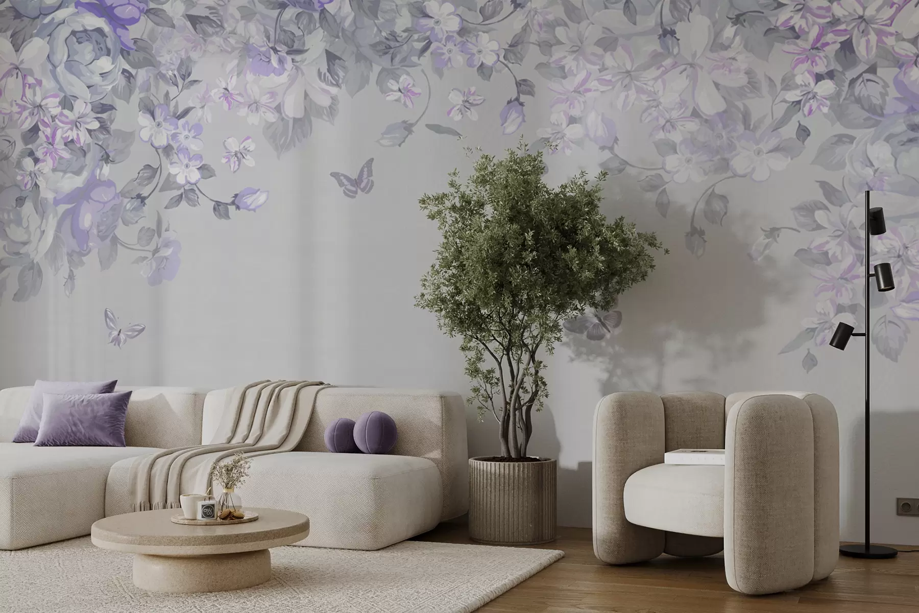 wall murals Лила башта са цвећем и лептирима u94295v3