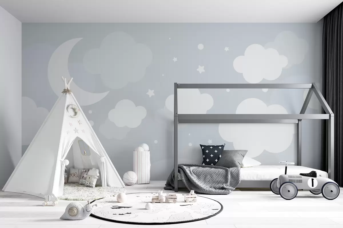 wall murals Слатка позадина са облацима, звездама и месецом на плавој позадини u97510