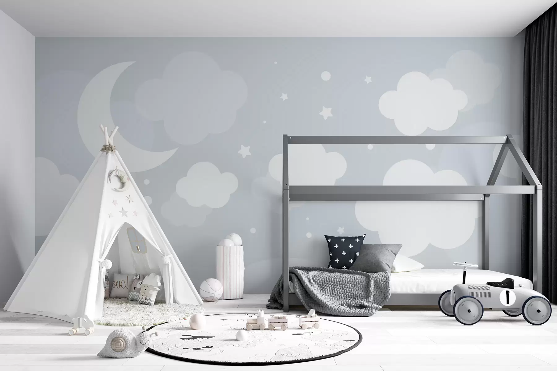 wall murals Слатка позадина са облацима, звездама и месецом на плавој позадини u97510