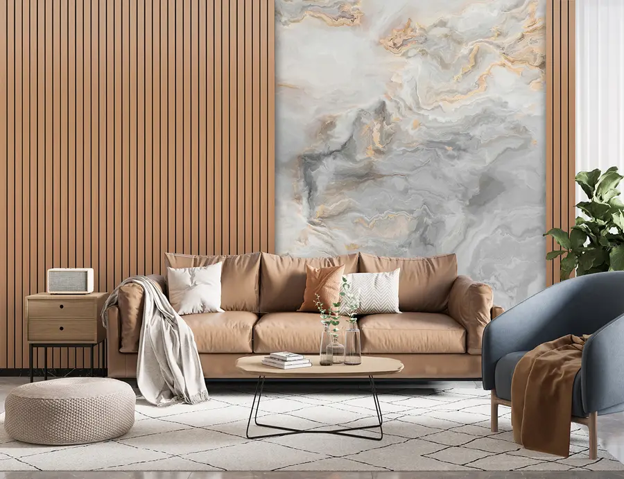 wall murals Дрвене летвице са мермером u97426