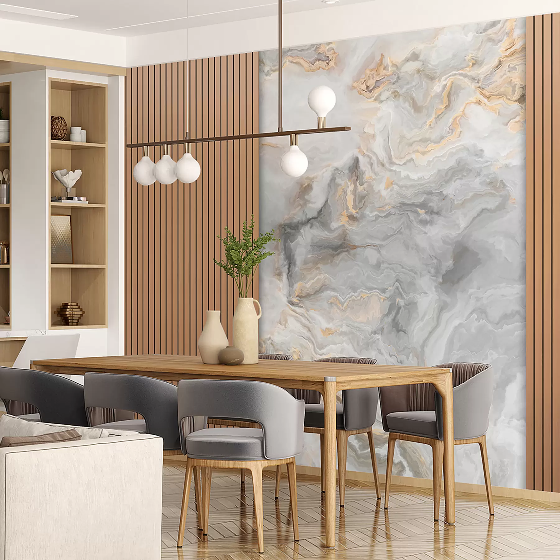 wall murals Дрвене летвице са мермером u97426