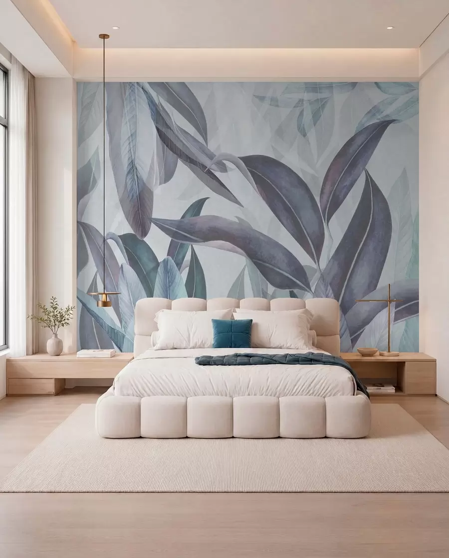 wall murals Зелено и розе палмино лишће у плавим бојама u94302v1