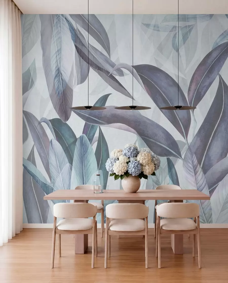wall murals Зелено и розе палмино лишће у плавим бојама u94302v1