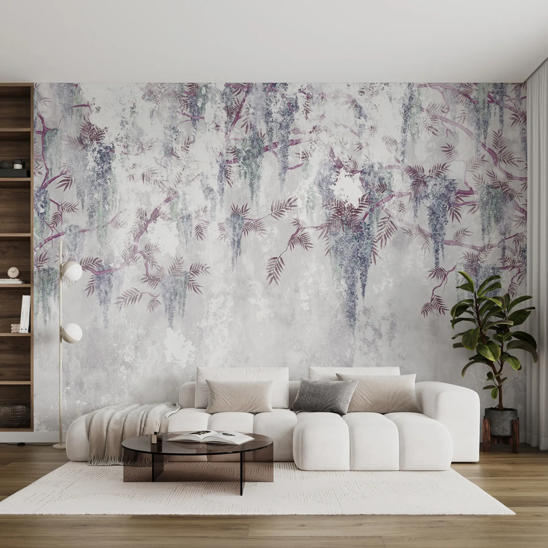wall murals Висеће модерне грунге гране са љубичастим цветовима у плавим бојама u73816v2
