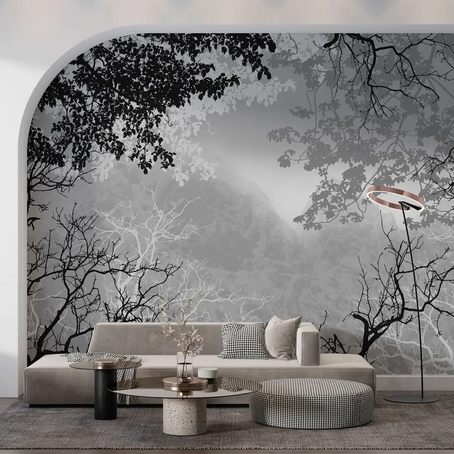 wall murals Илустрација шуме на позадини планина са маглом u98050