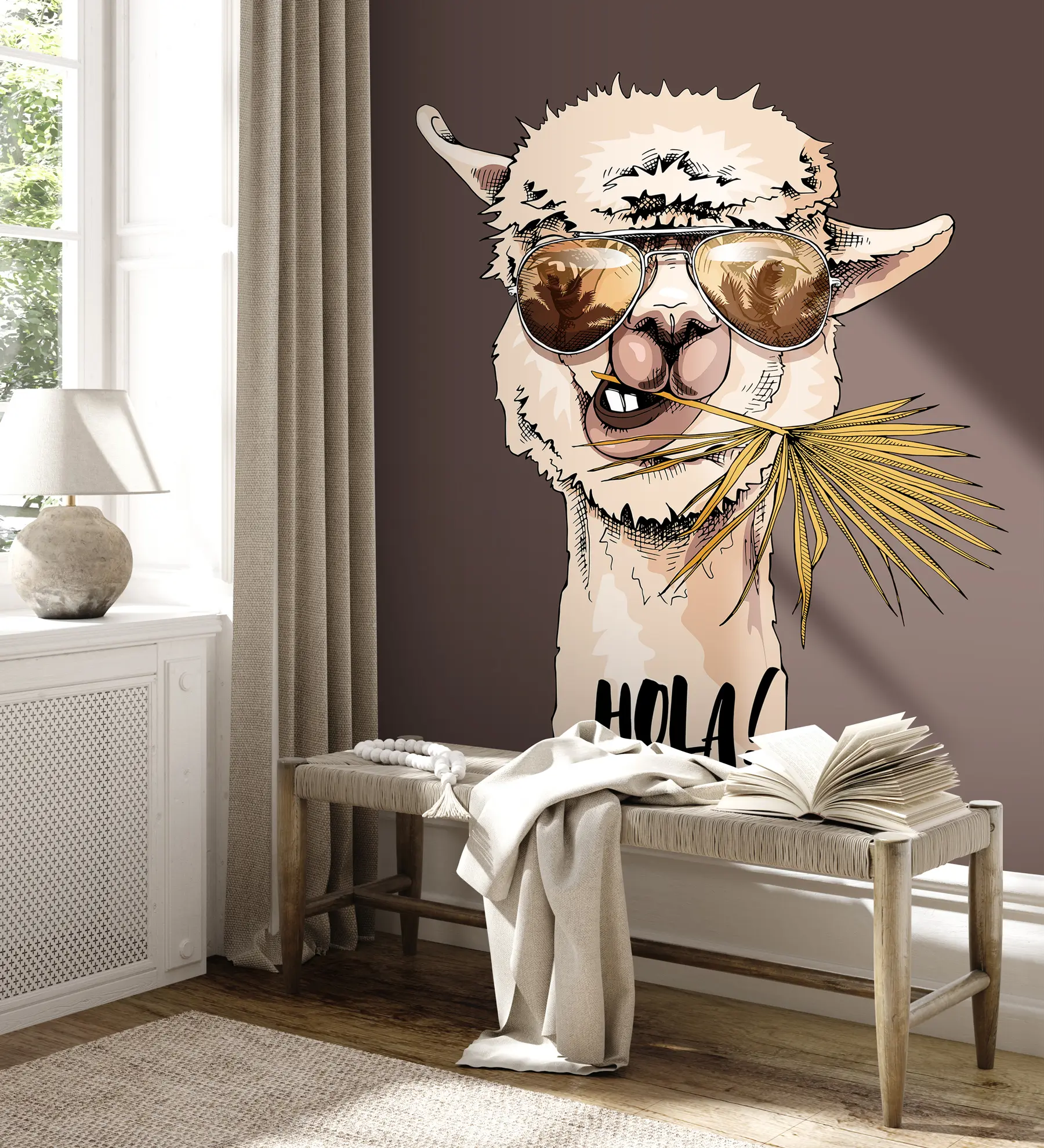 wall murals Портрет ламе у сунчаним наочарима са лепезастим палминим листом u98177