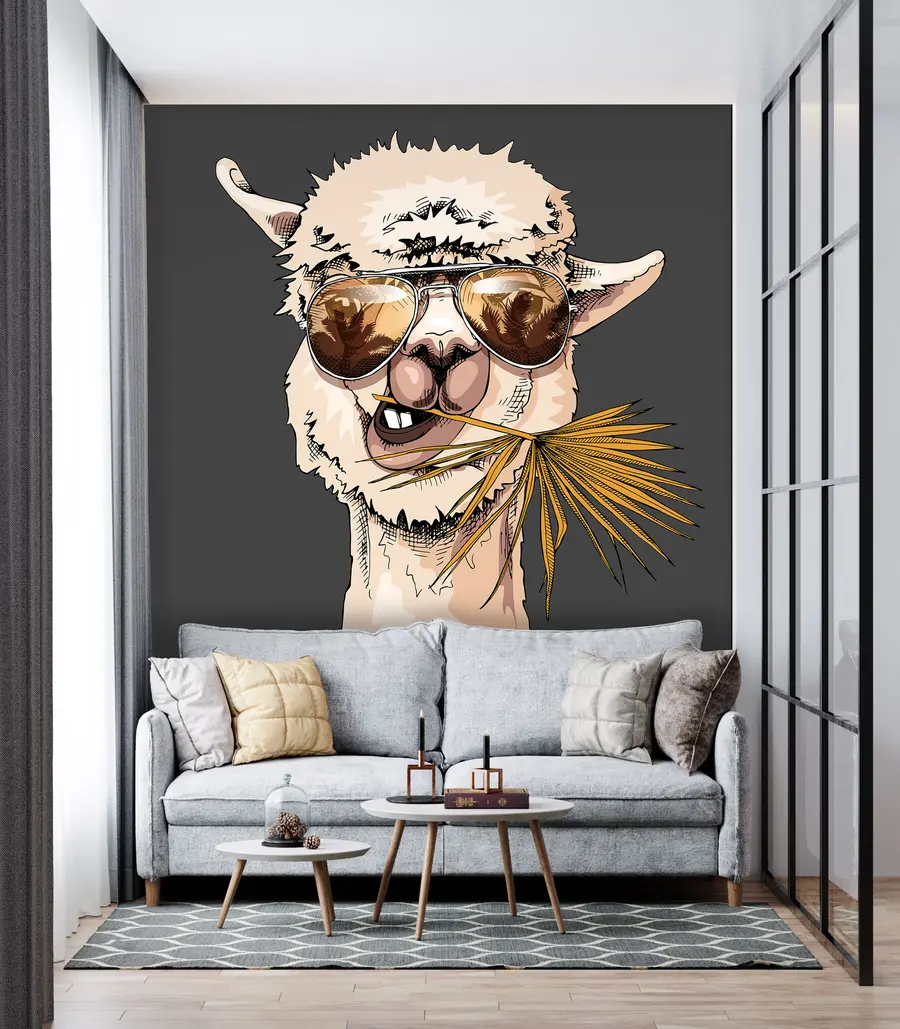 wall murals Портрет ламе у сунчаним наочарима са лепезастим палминим листом u98177v1