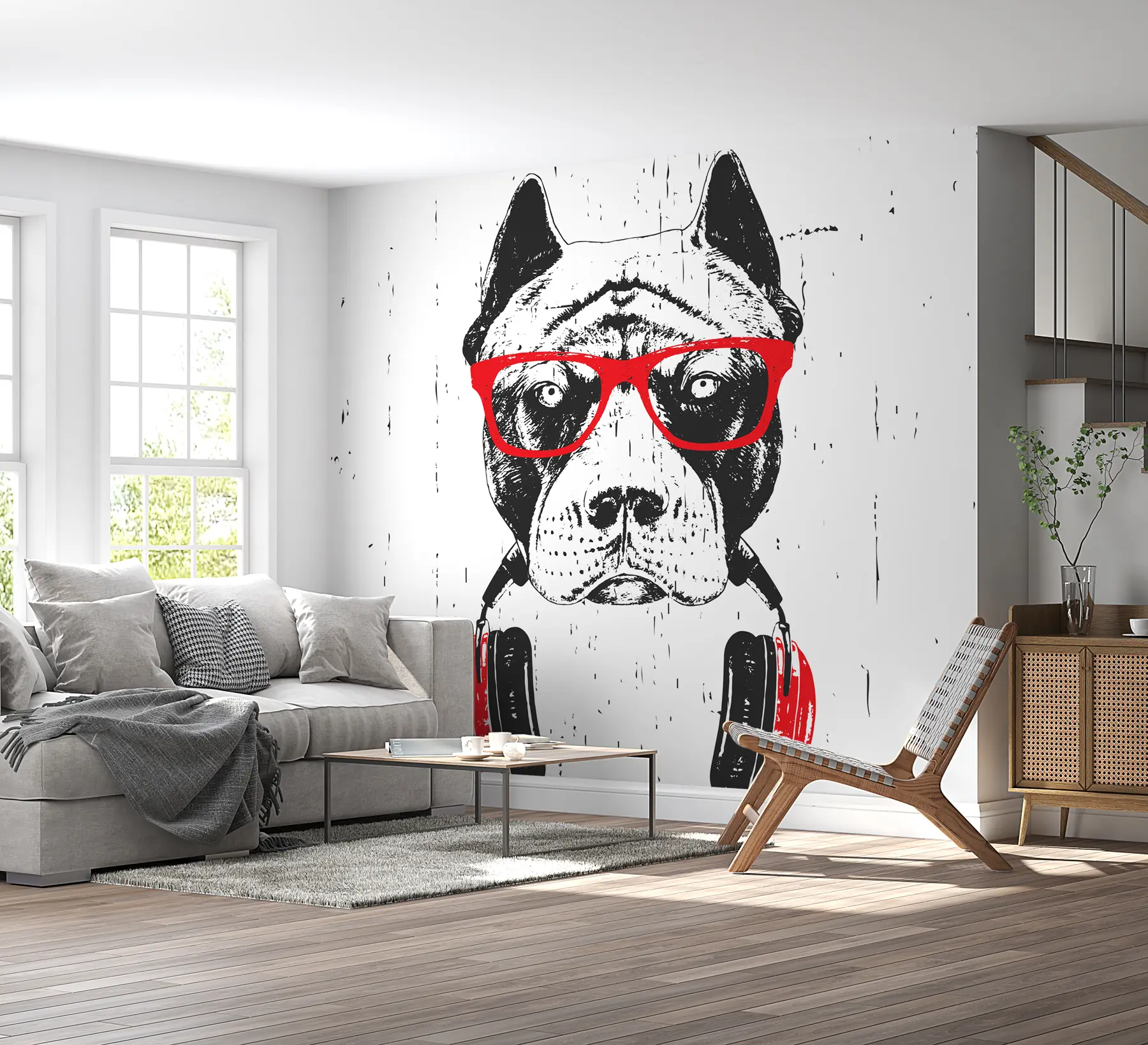 wall murals Портрет Питбула са наочарима и слушалицама u98184