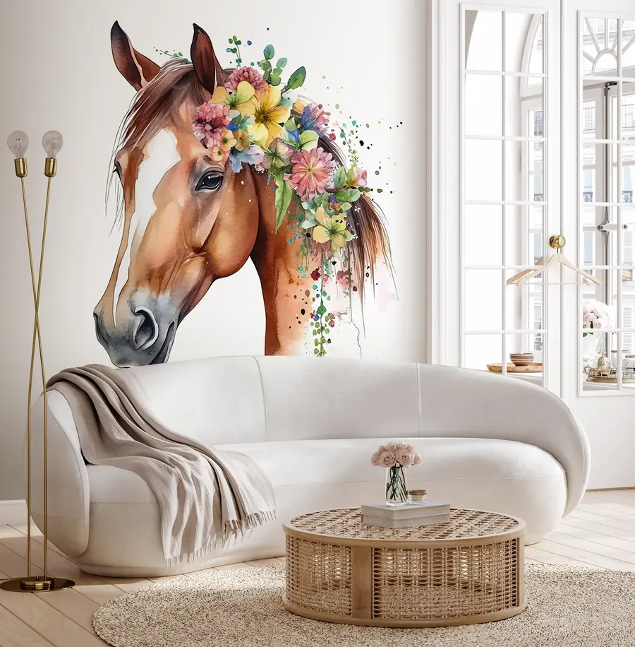 wall murals Коњ са цвећем акварел u98192