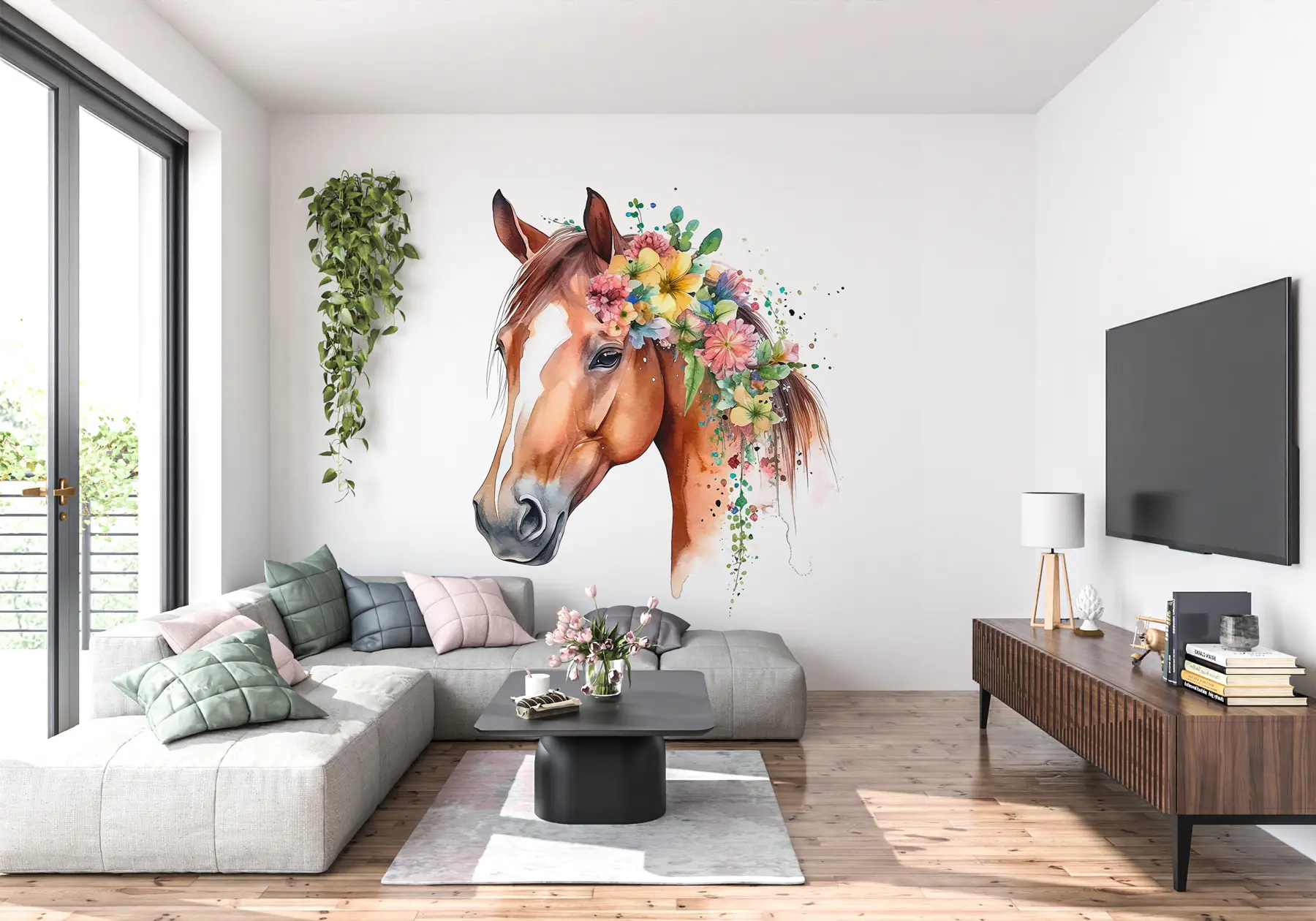 wall murals Коњ са цвећем акварел u98192