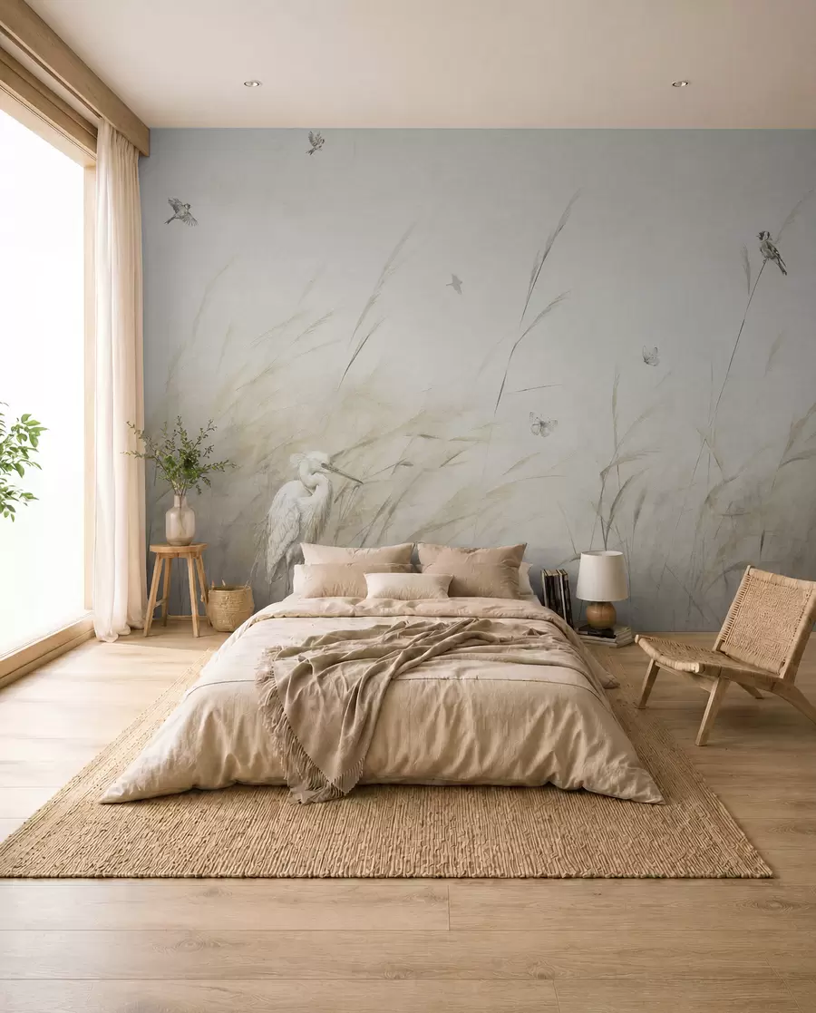 wall murals Птице на језеру међу сувим цвећем, биљкама и травом u98439