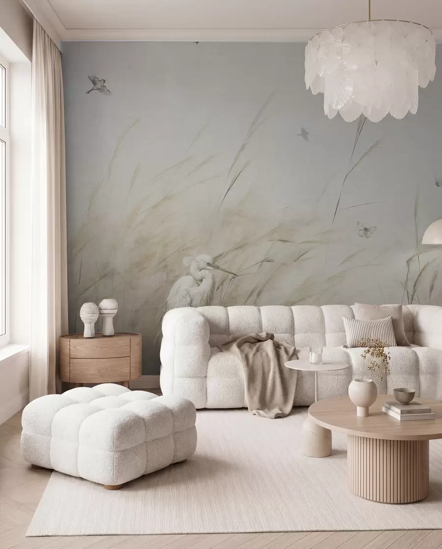 wall murals Птице на језеру међу сувим цвећем, биљкама и травом u98439