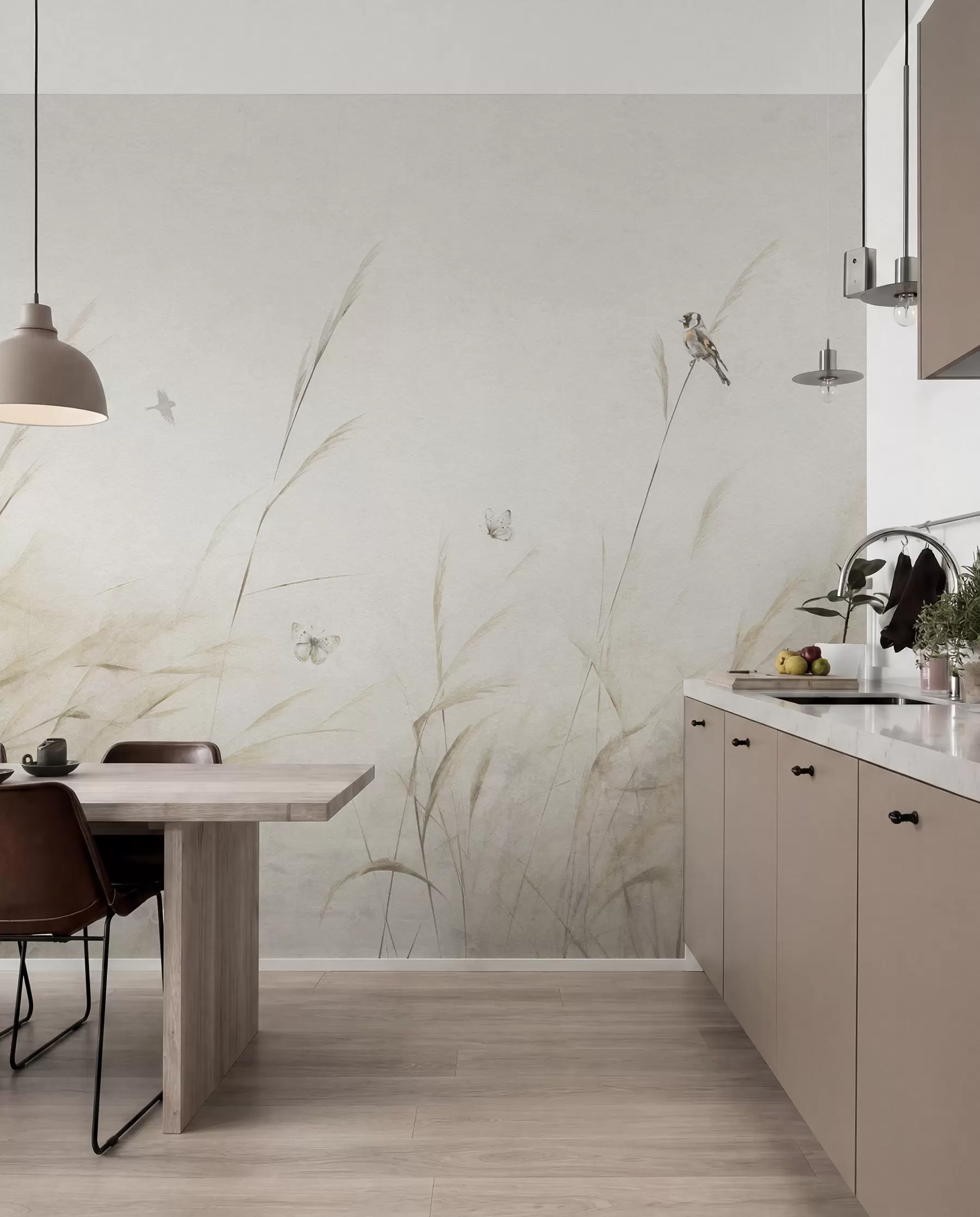 wall murals Птице на језеру међу сувим цвећем, биљкама и травом u98439
