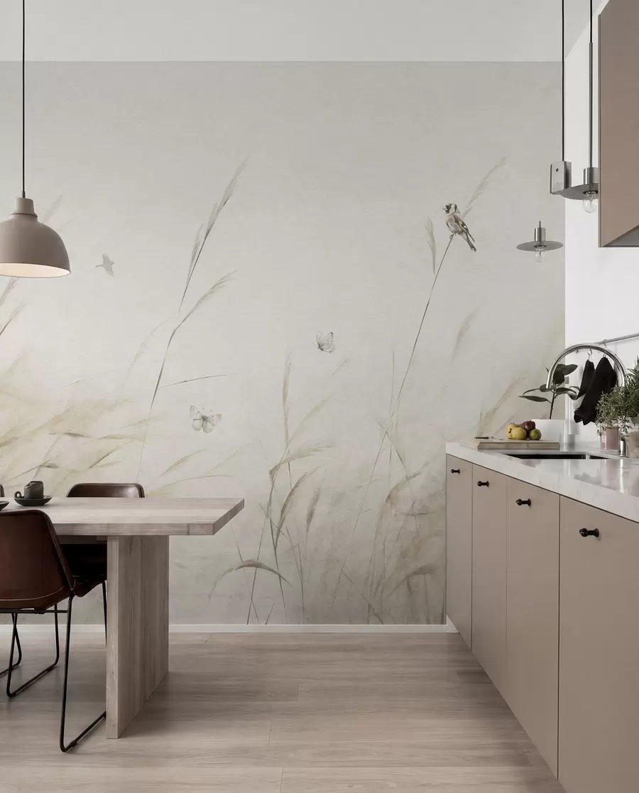 wall murals Птице на језеру међу сувим цвећем, биљкама и травом u98439