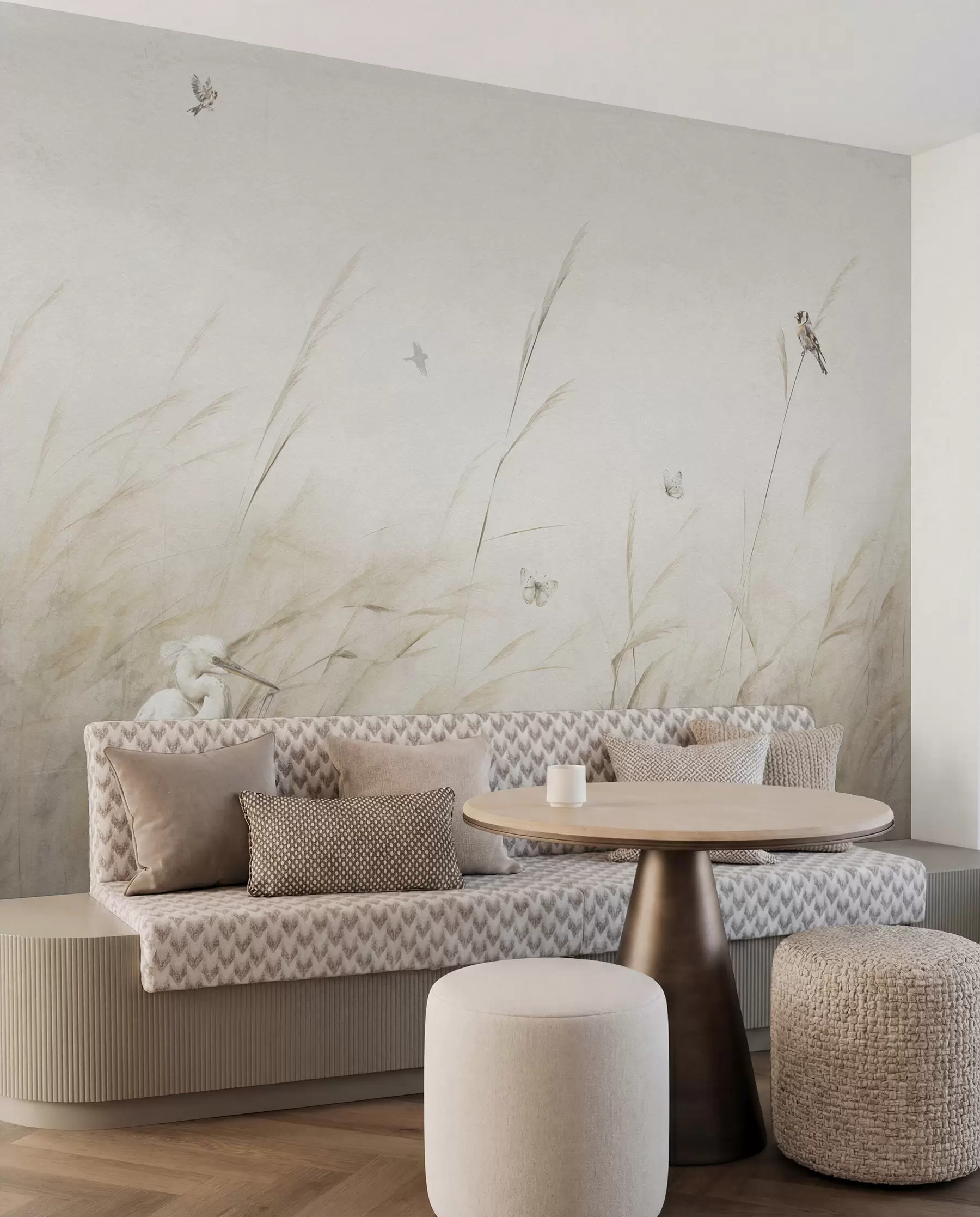 wall murals Птице на језеру међу сувим цвећем, биљкама и травом u98439