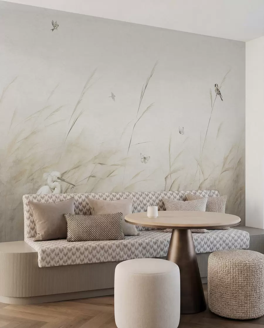wall murals Птице на језеру међу сувим цвећем, биљкама и травом u98439