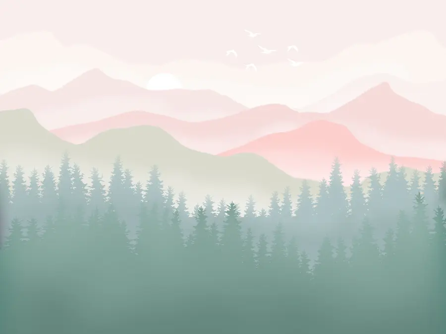 wall murals Магловите планине са боровом шумом, меке природне боје, ружичаста и зелена u98774