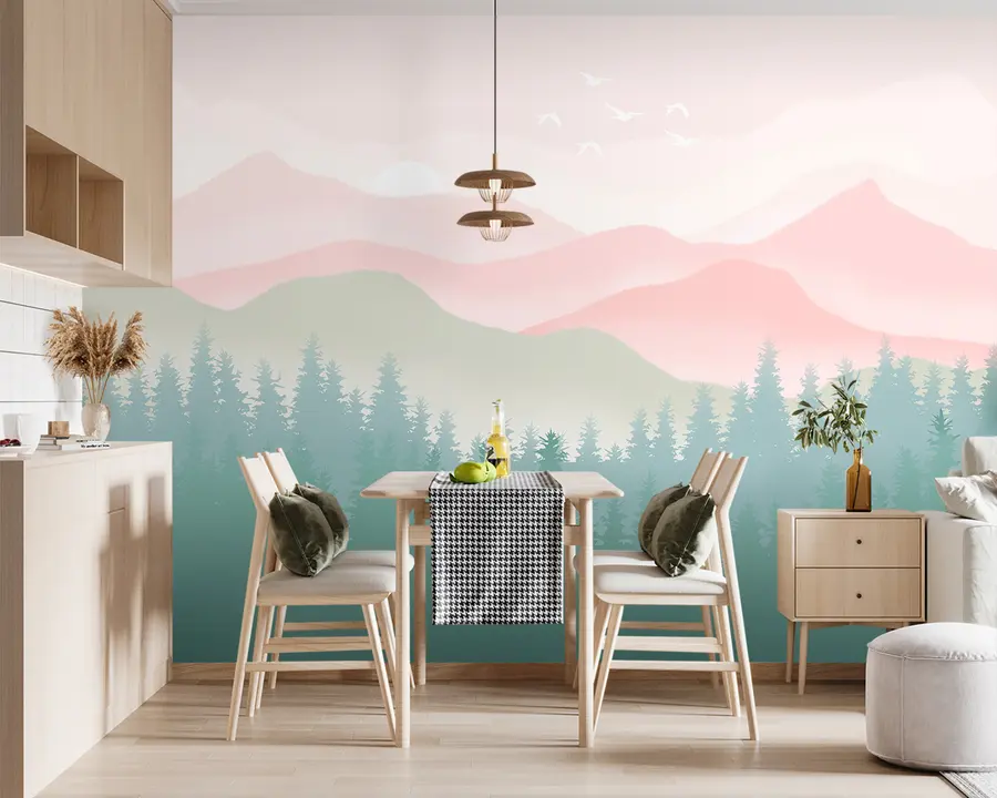wall murals Магловите планине са боровом шумом, меке природне боје, ружичаста и зелена u98774
