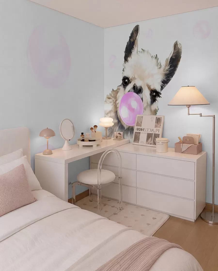 wall murals Весела лама и ружичасти мехурићи u98952