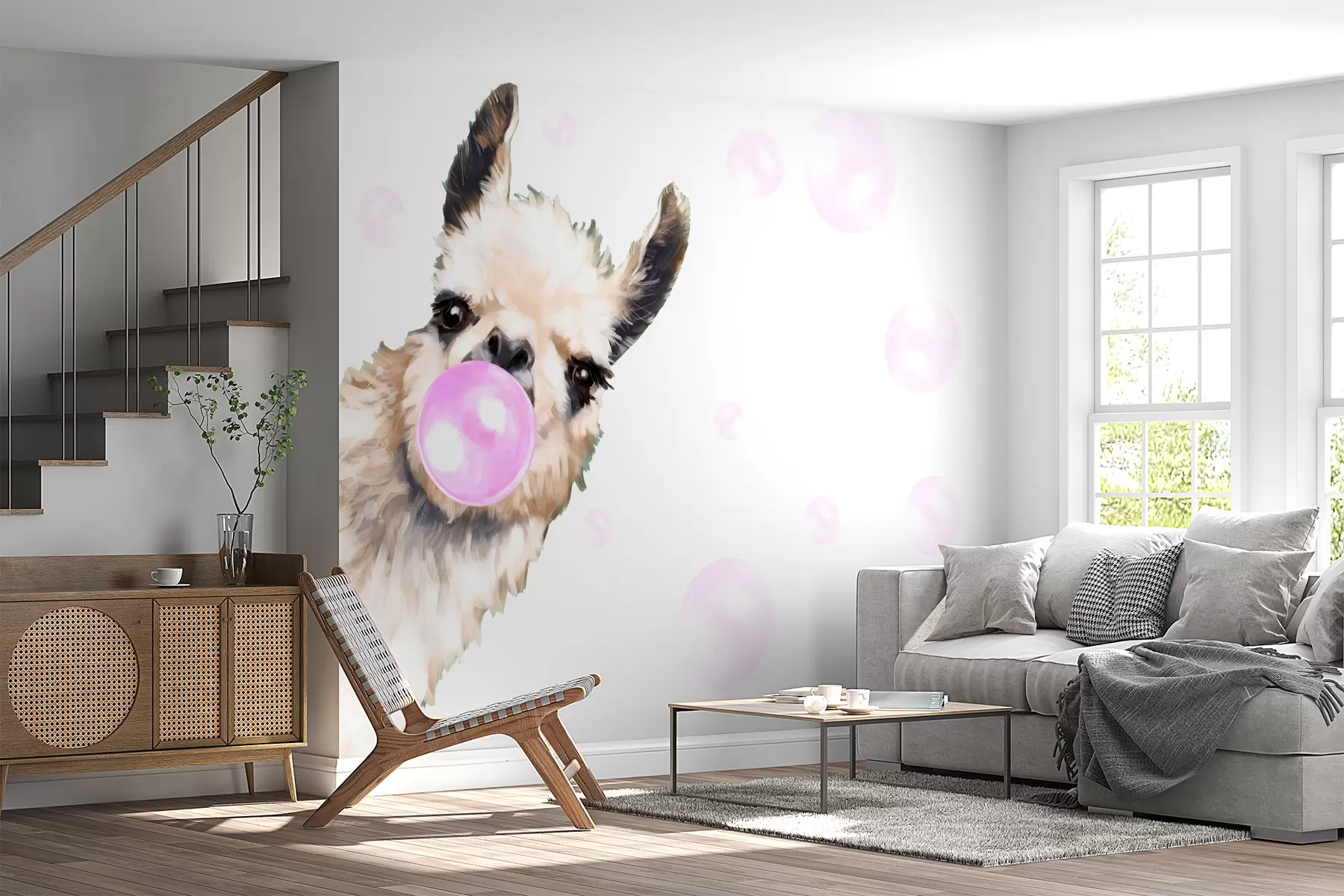 wall murals Весела лама и ружичасти мехурићи u98952