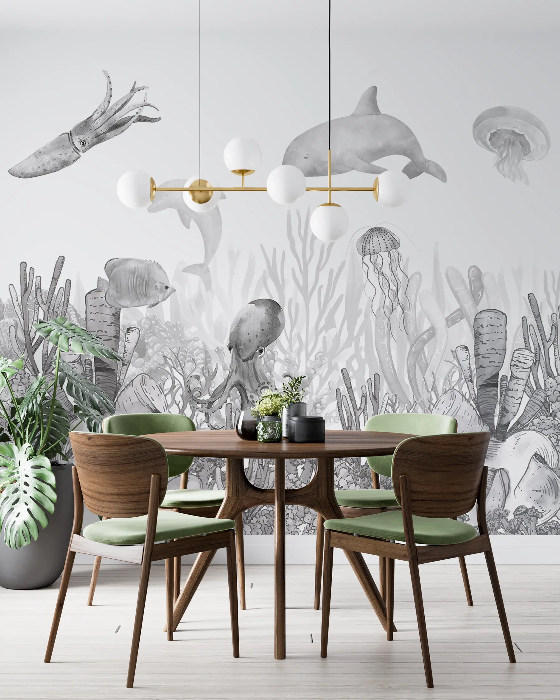 wall murals Подводни морски живот, морске животиње, акварел сива боја, корали, делфин, хоботница u98899v1