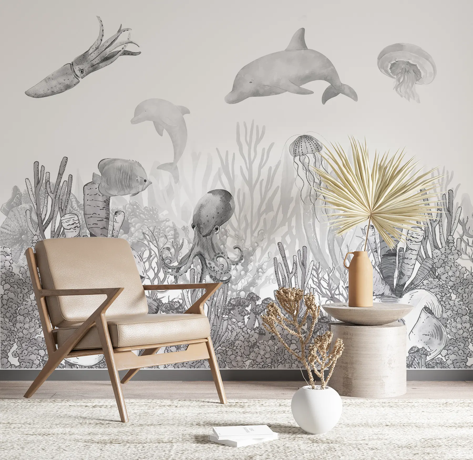 wall murals Подводни морски живот, морске животиње, акварел сива боја, корали, делфин, хоботница u98899v1