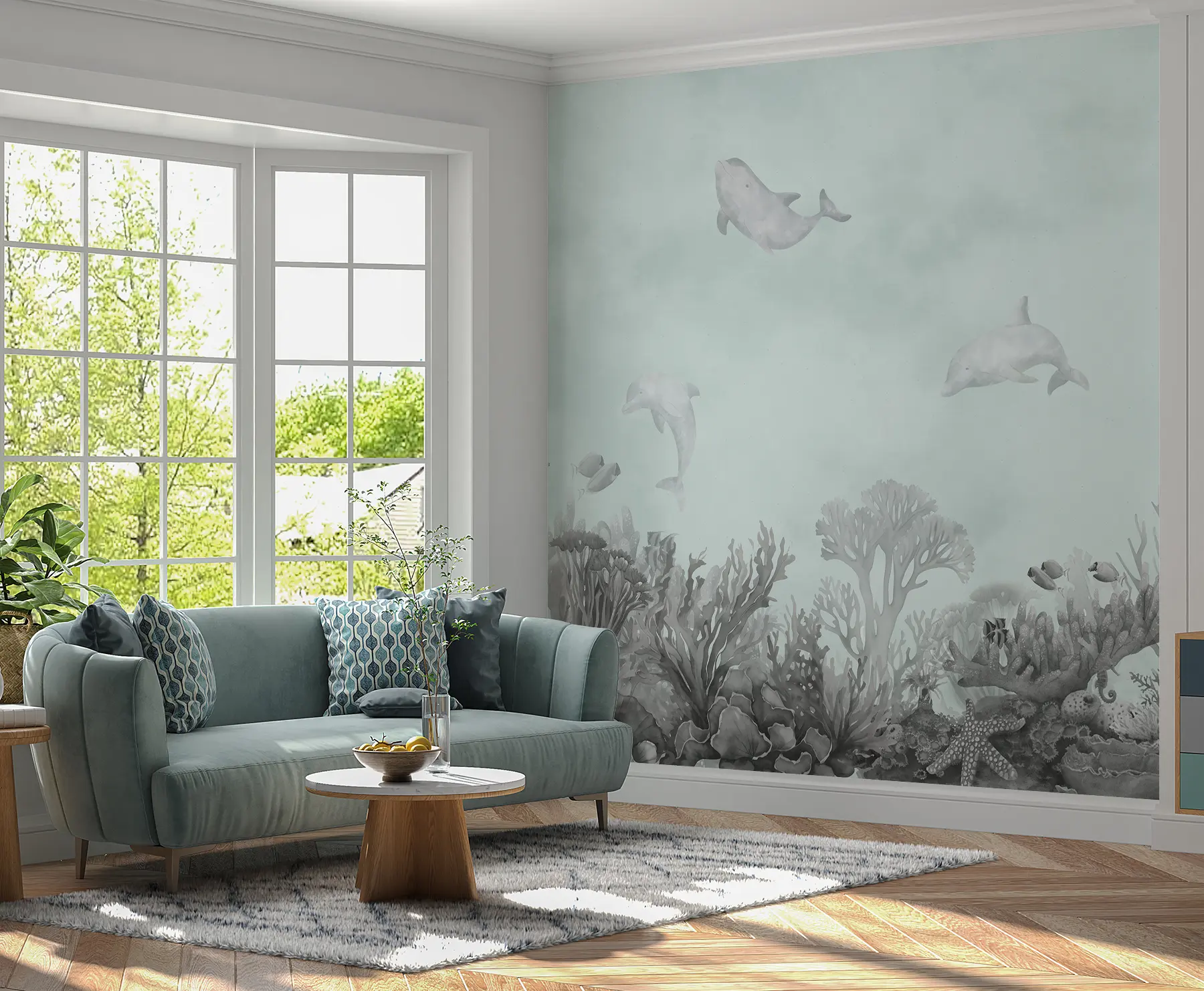 wall murals Подводни морски живот, корални гребен, акварел сива и плава боја, делфини u98900