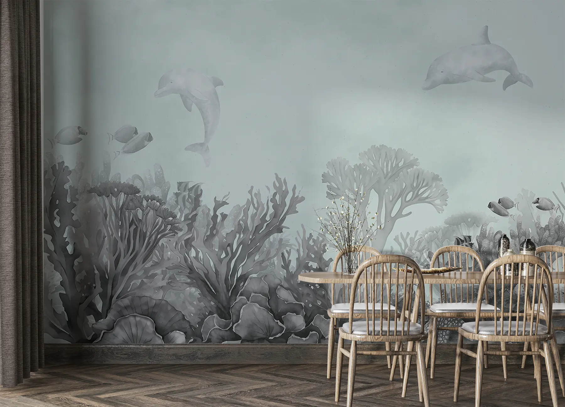 wall murals Подводни морски живот, корални гребен, акварел сива и плава боја, делфини u98900