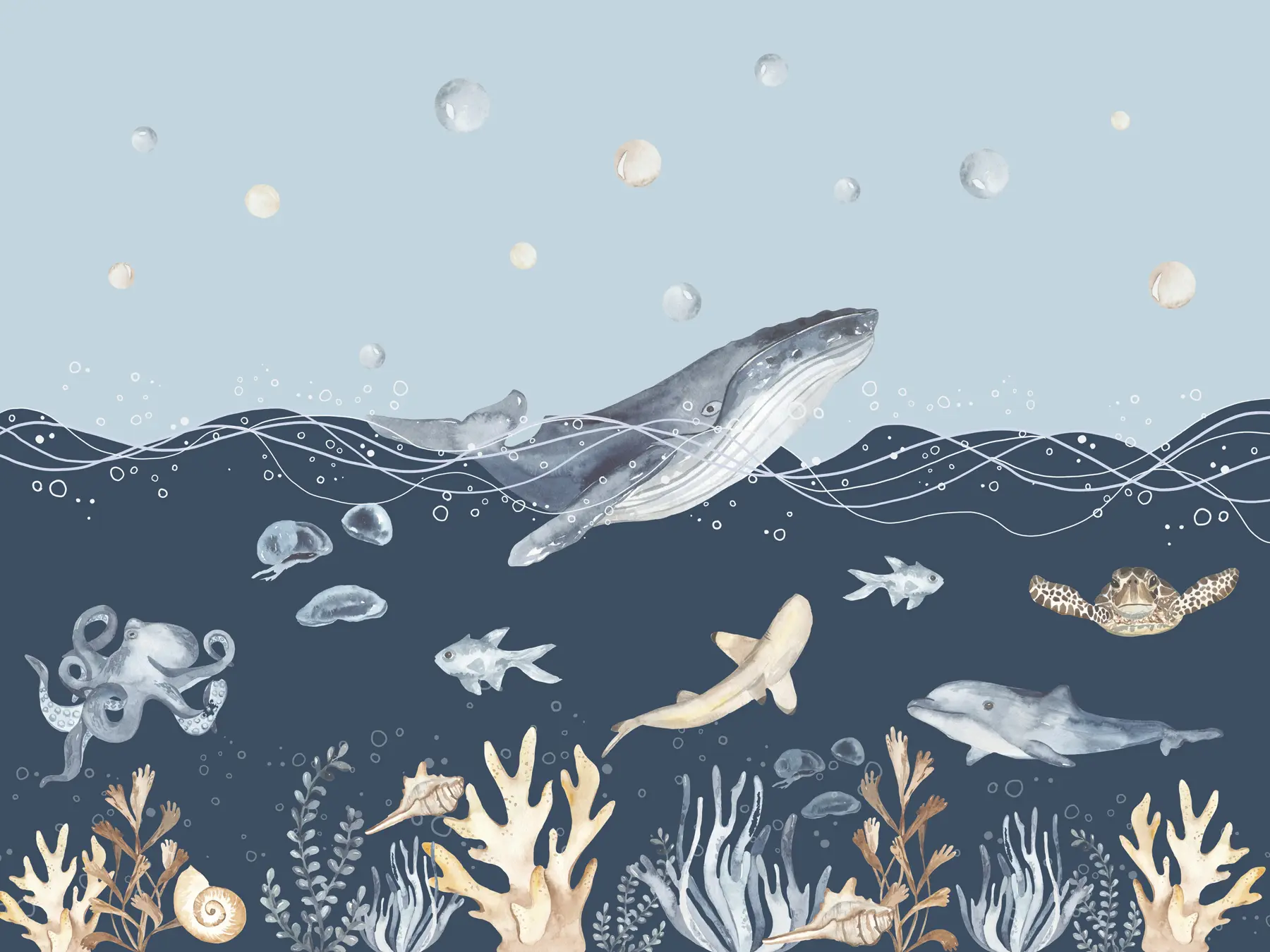 wall murals Подводни морски живот, кит, делфин, корали, морске животиње, океанска тема, пастелне боје u98902