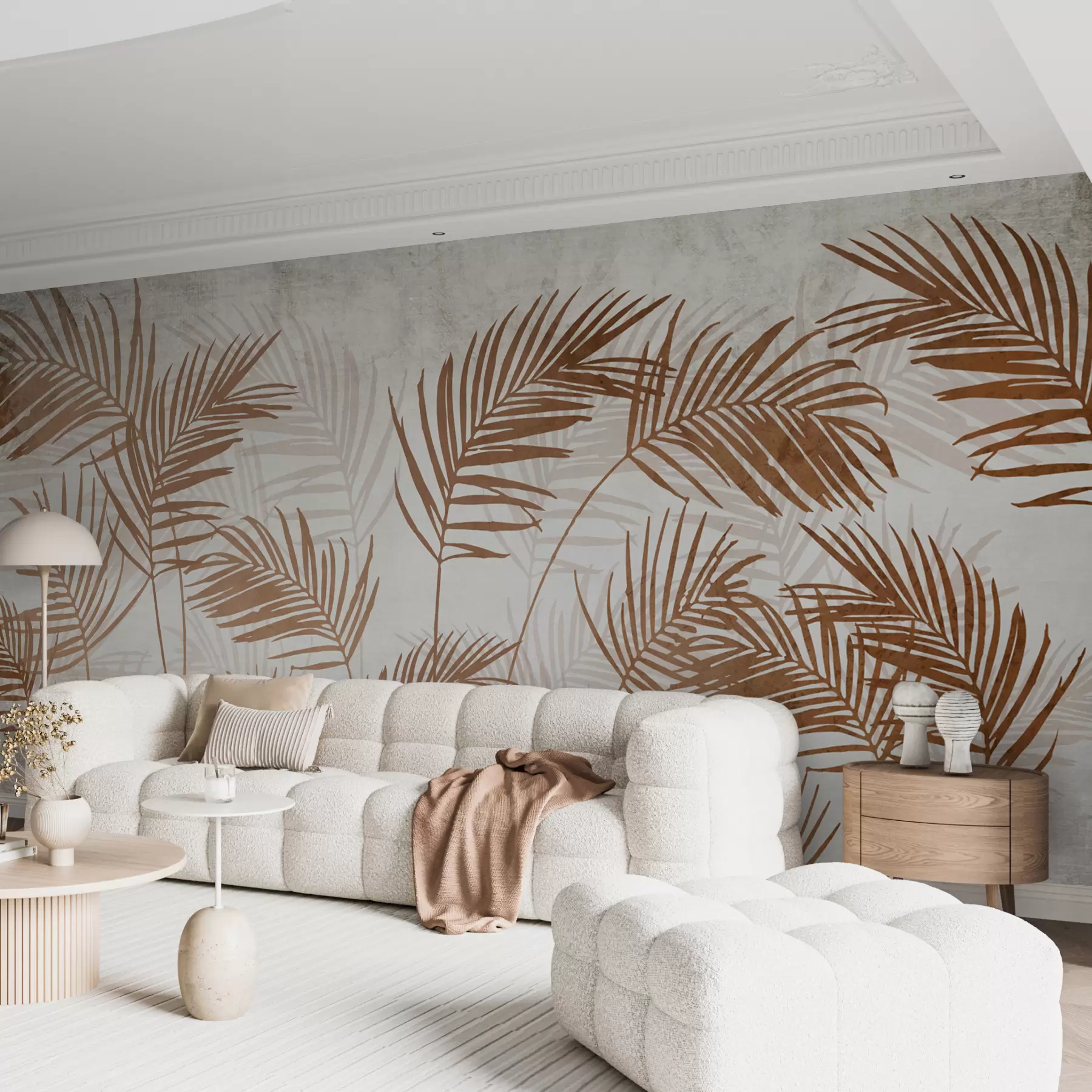 wall murals Дизајн тапета са тропским дрвећем и лишћем у магловитој шуми u98974