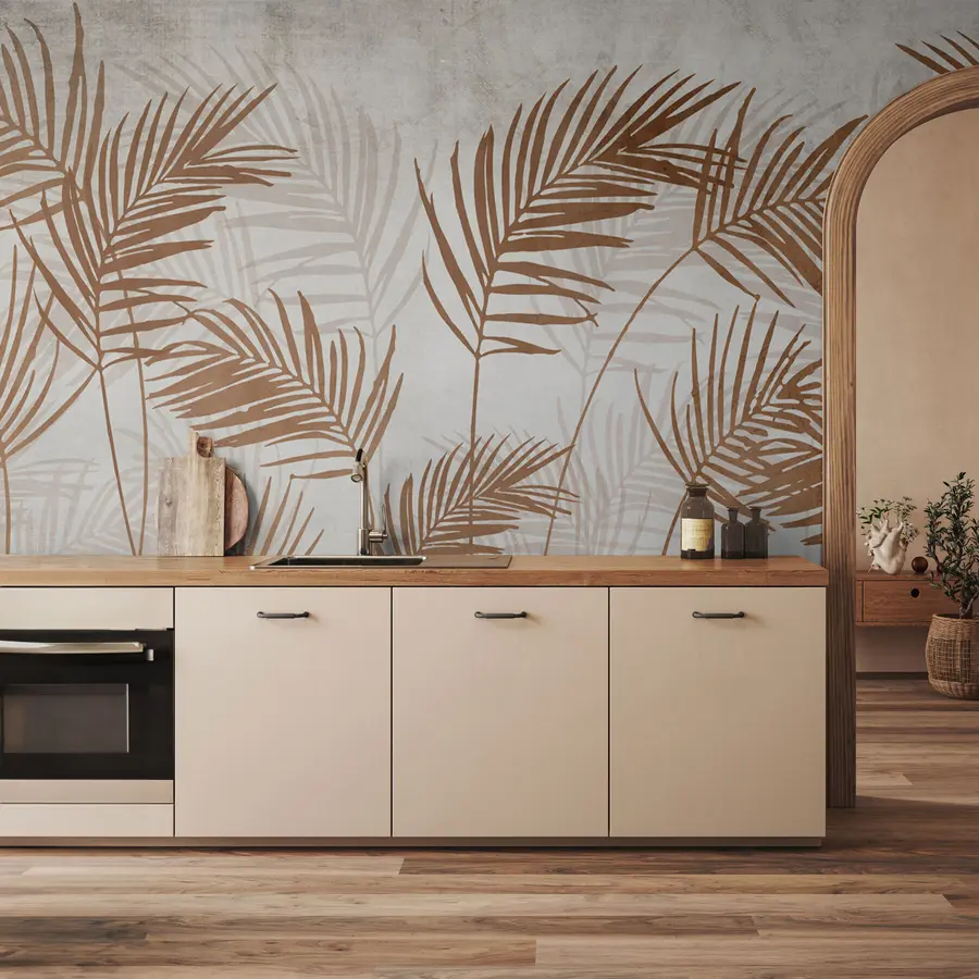 wall murals Дизајн тапета са тропским дрвећем и лишћем у магловитој шуми u98974