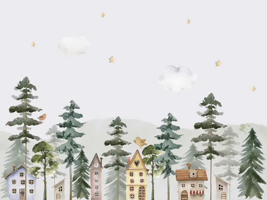 wall murals Борова шума са птицама и слатким кућицама, зелене и беж боје u98989