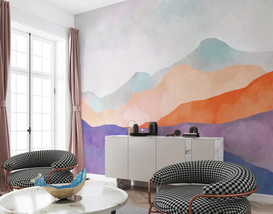 wall murals Планински пејзаж, апстрактни цртеж, бохо стил, наранџаста, љубичаста, плава u98991