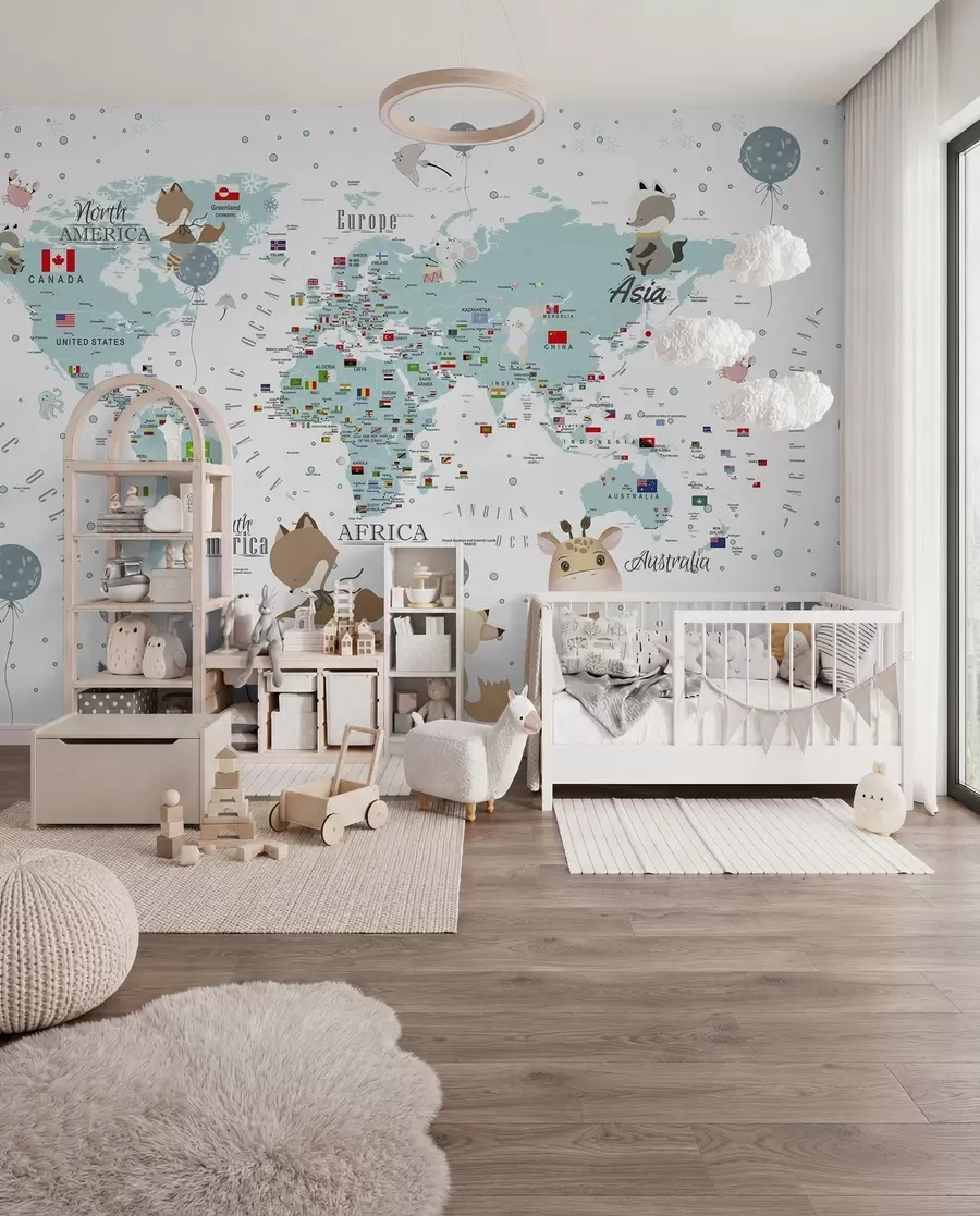 wall murals Дечја мапа света са животињама u99228