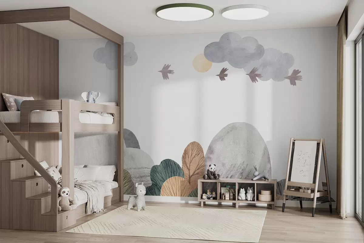 wall murals Акварел пејзаж са дрвећем, птицама и облацима u99202