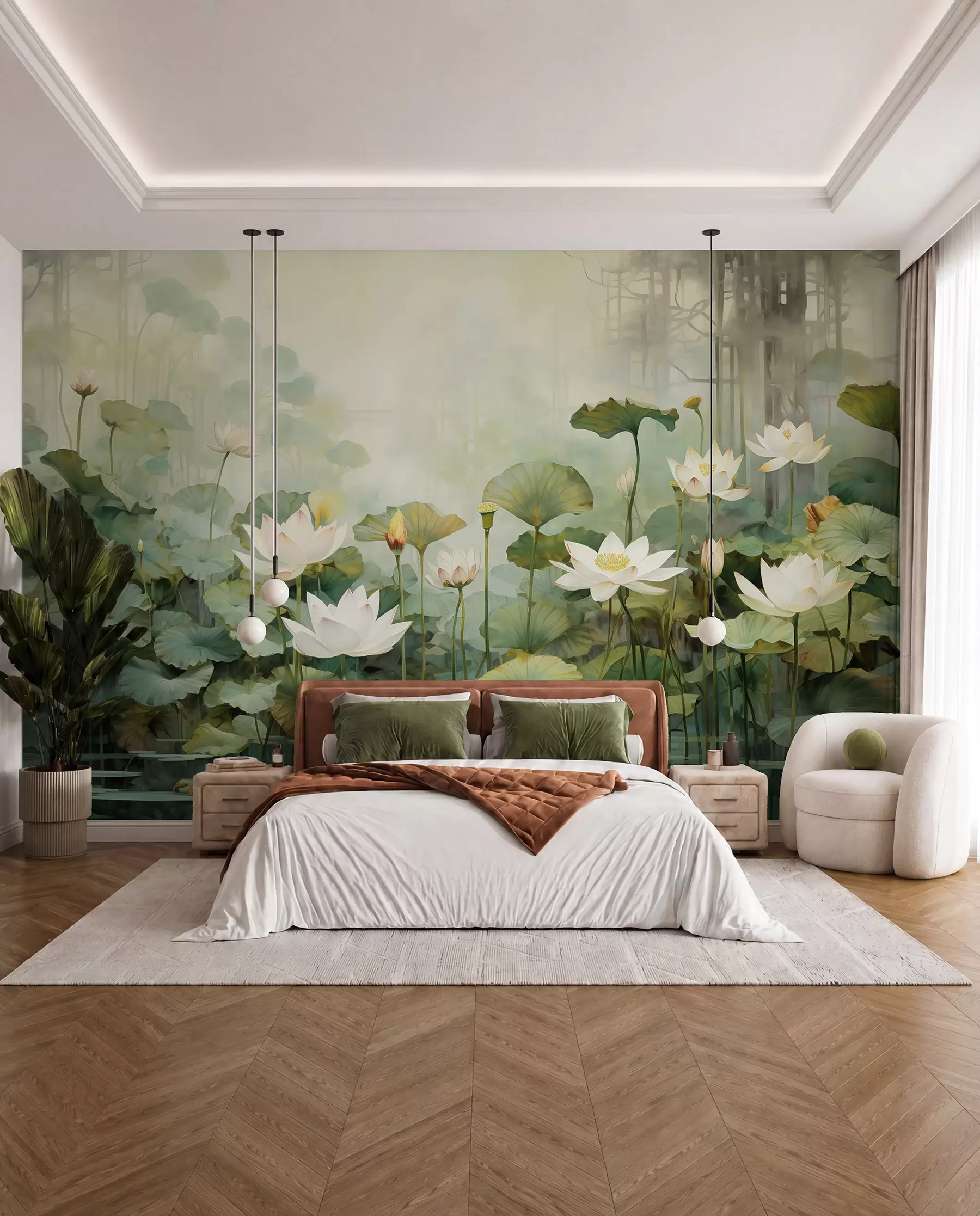 wall murals Цвеће лотоса у језеру, џунгла, тропска уметност, зеленило u99454