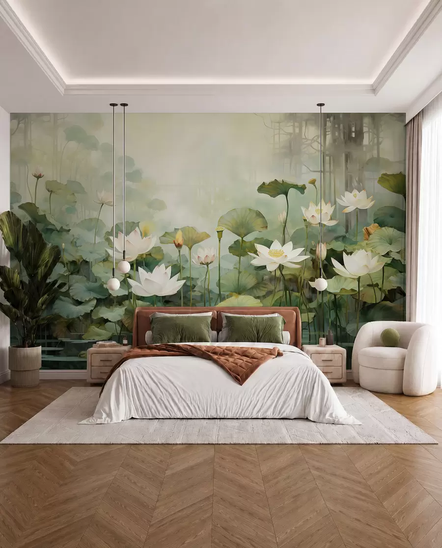 wall murals Цвеће лотоса у језеру, џунгла, тропска уметност, зеленило u99454