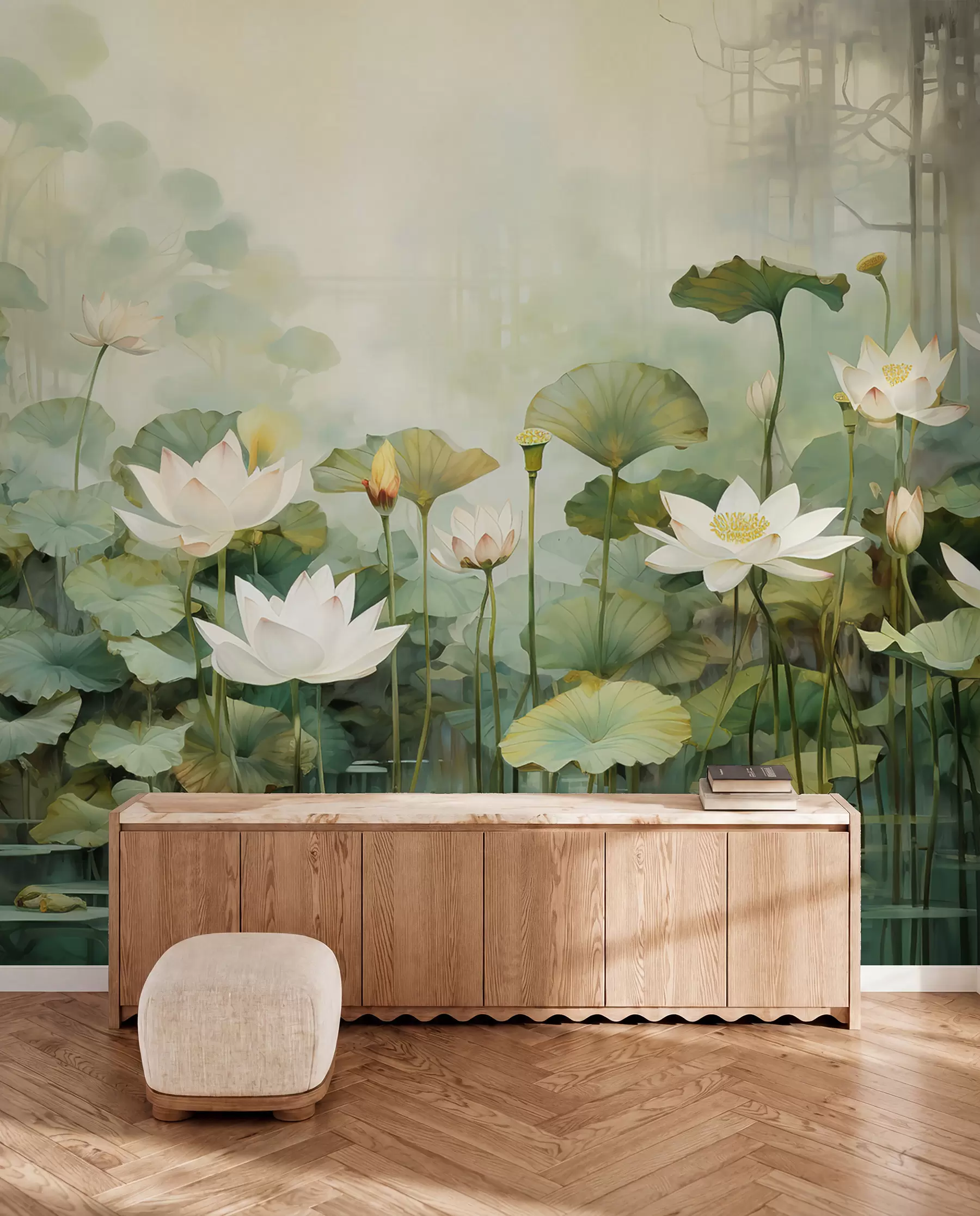 wall murals Цвеће лотоса у језеру, џунгла, тропска уметност, зеленило u99454