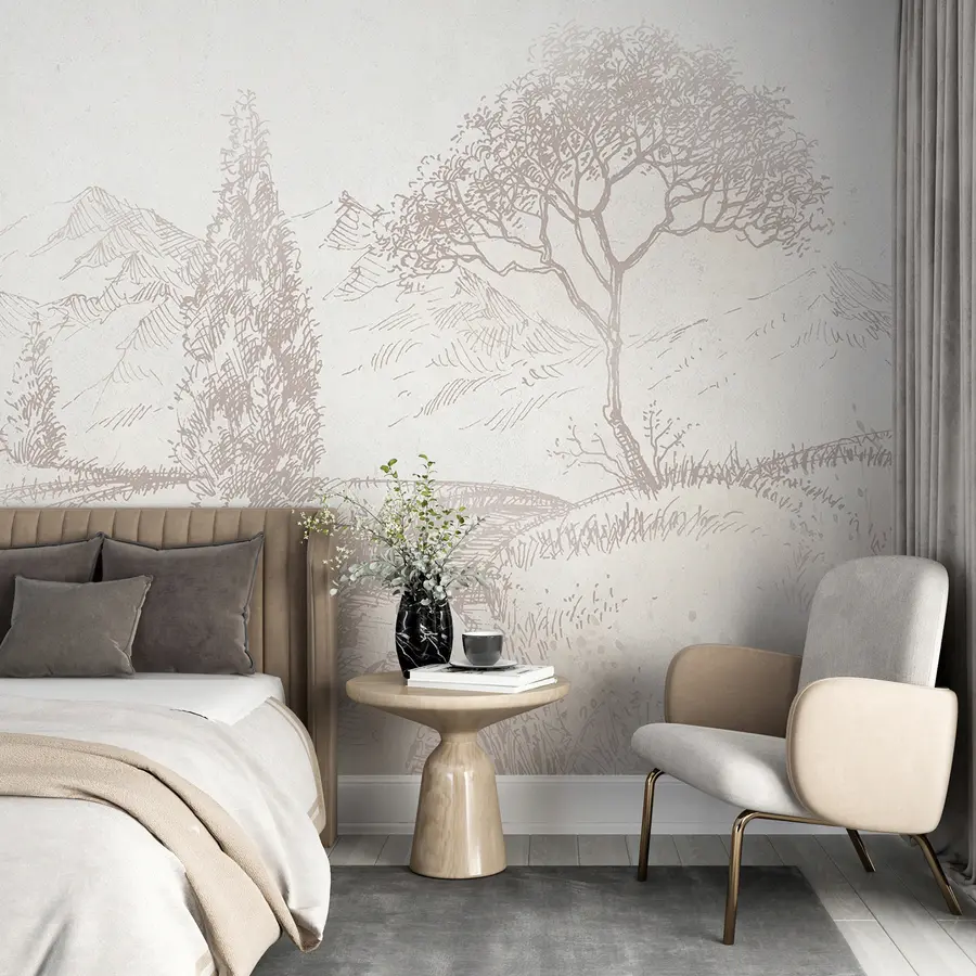 wall murals Тоскански пејзаж, дрво, поље, минимализам, природне беж боје u99570