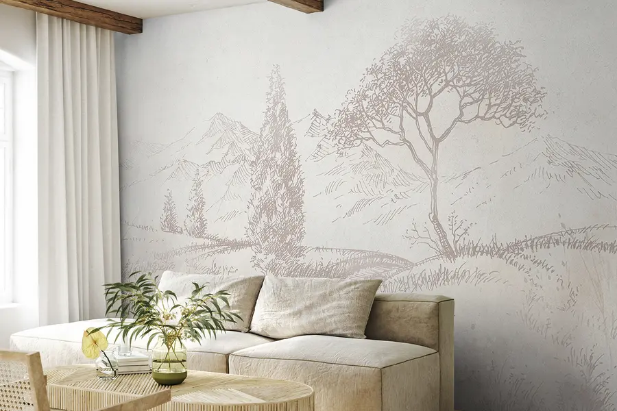 wall murals Тоскански пејзаж, дрво, поље, минимализам, природне беж боје u99570