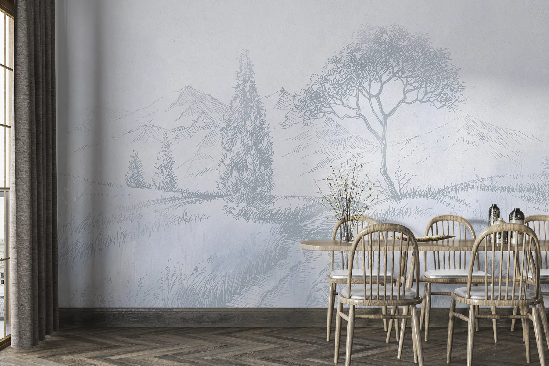 wall murals Тоскански пејзаж, дрво, поље, минимализам, природне плаве боје u99570v2
