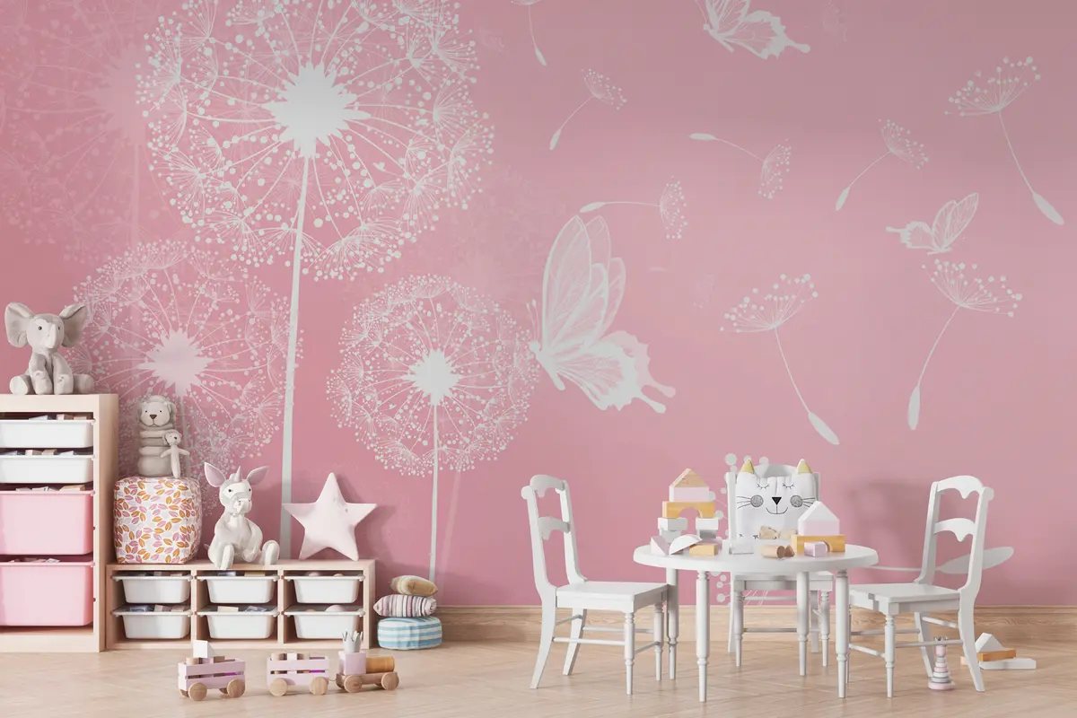wall murals Нежни маслачак са ружичастим лептирима u99597v3
